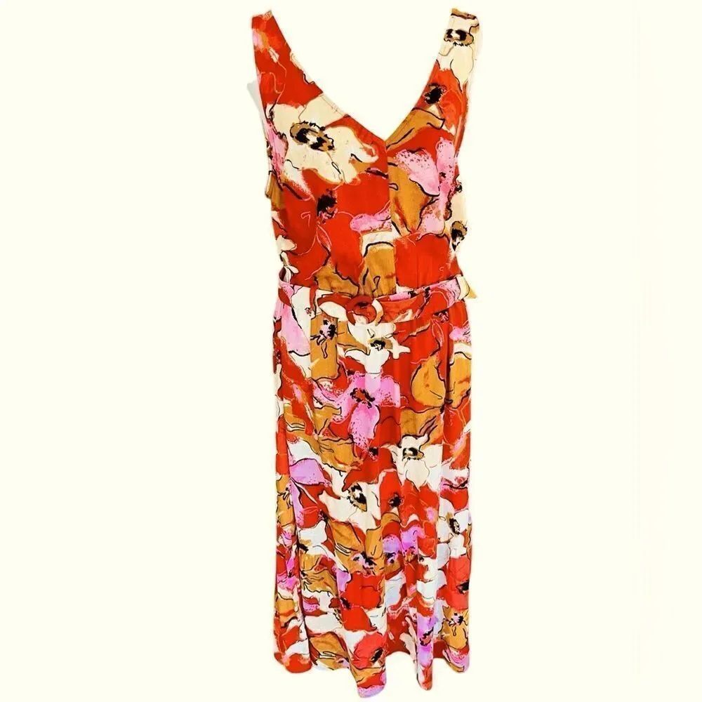 NINE WEST v neck linen blend floral maxi dress with smocked back